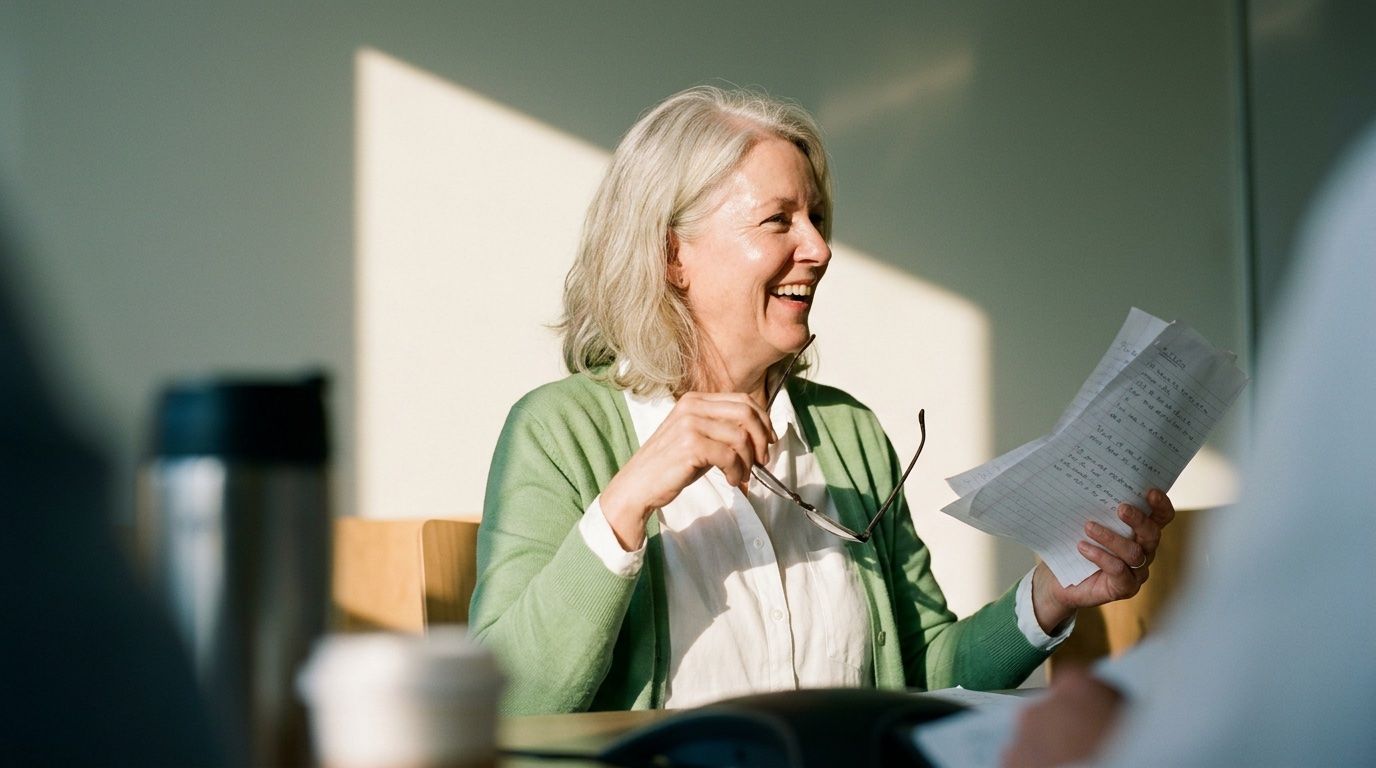 A county employee reviewing notes at a meeting