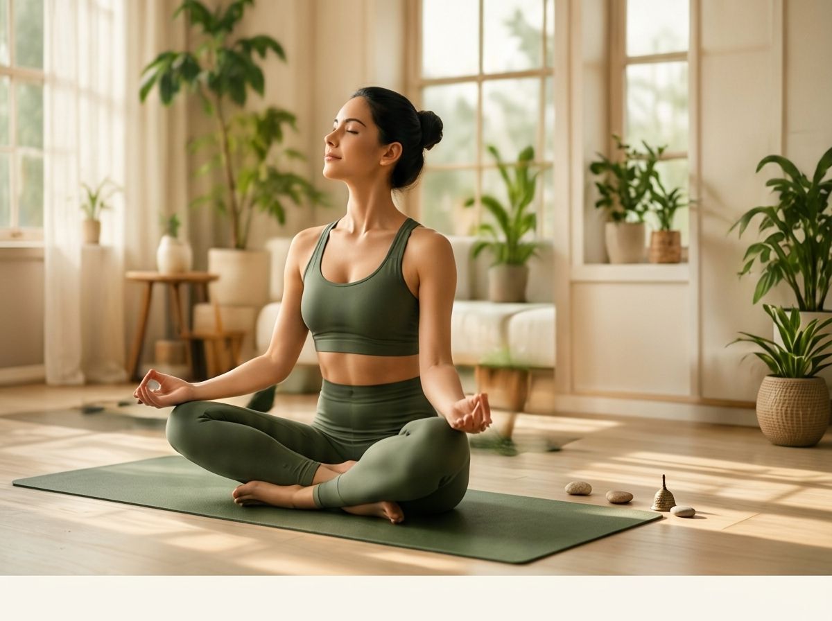 A woman practicing a seated meditation pose in a sunlit, plant-filled room