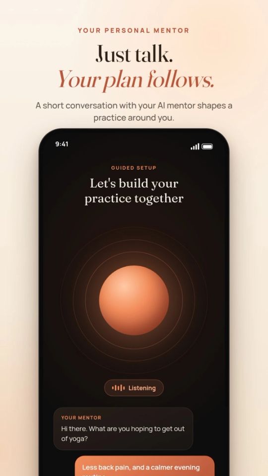 YogaCrunch onboarding interview screen: Just talk, your plan follows