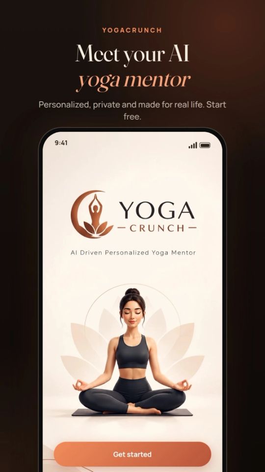 YogaCrunch app intro screen with the YogaCrunch logo