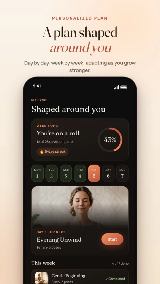 YogaCrunch personalized plan and weekly progress tracker