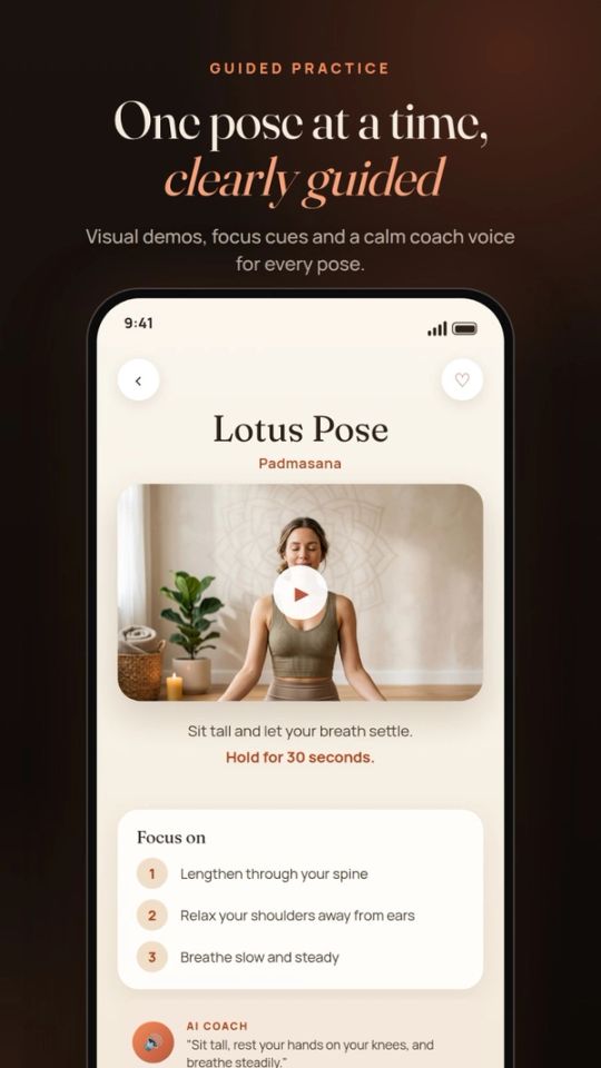 YogaCrunch guided pose practice screen showing Lotus Pose instructions