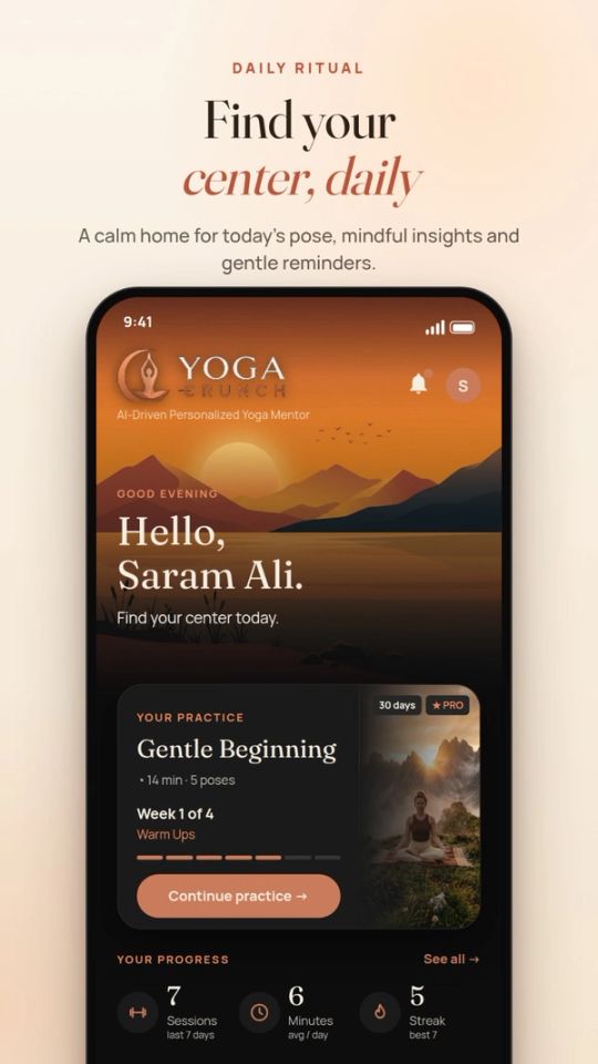 YogaCrunch daily home dashboard with streak and session stats