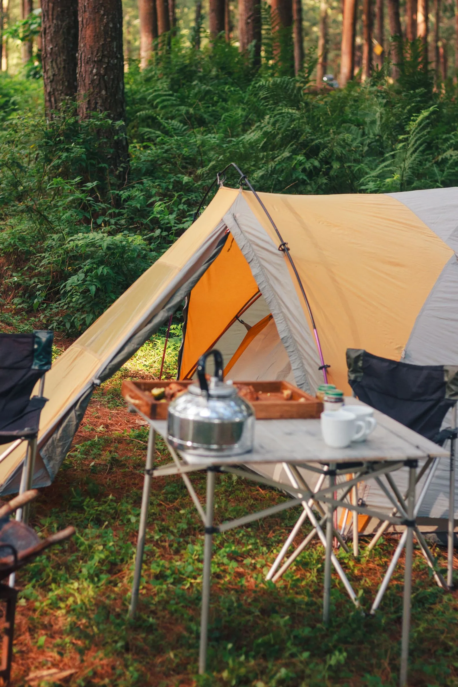 Volledige kampeeropstelling met tent en tafel, klaar om na de vakantie op te bergen