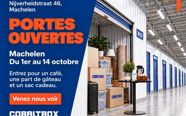 Portes ouvertes chez Cobalt Box Machelen, Nijverheidstraat 46, du 1er au 14 octobre : café, gâteau et sac cadeau.