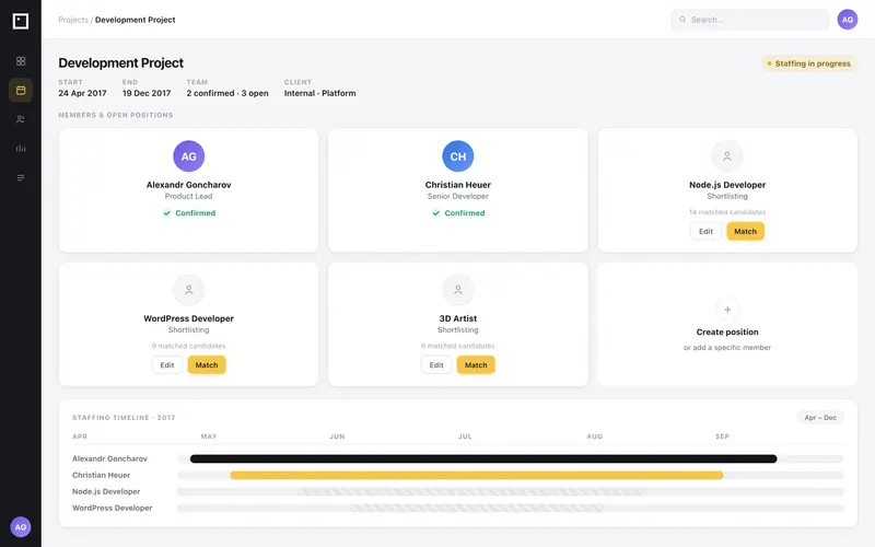 MyMonday project board — team members, open positions and staffing timeline