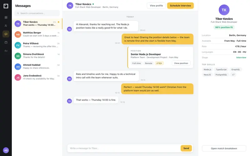 MyMonday messaging — positions shared directly in the conversation with a candidate