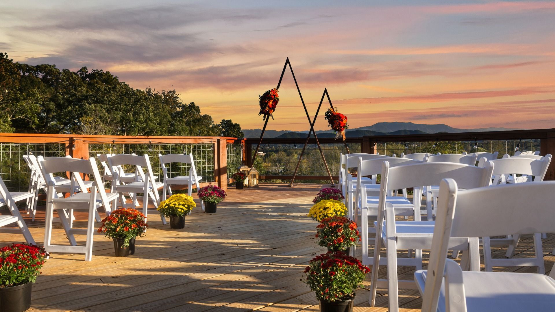 Outdoor ceremony space with panoramic views of Mount Leconte for up to 60 guests
