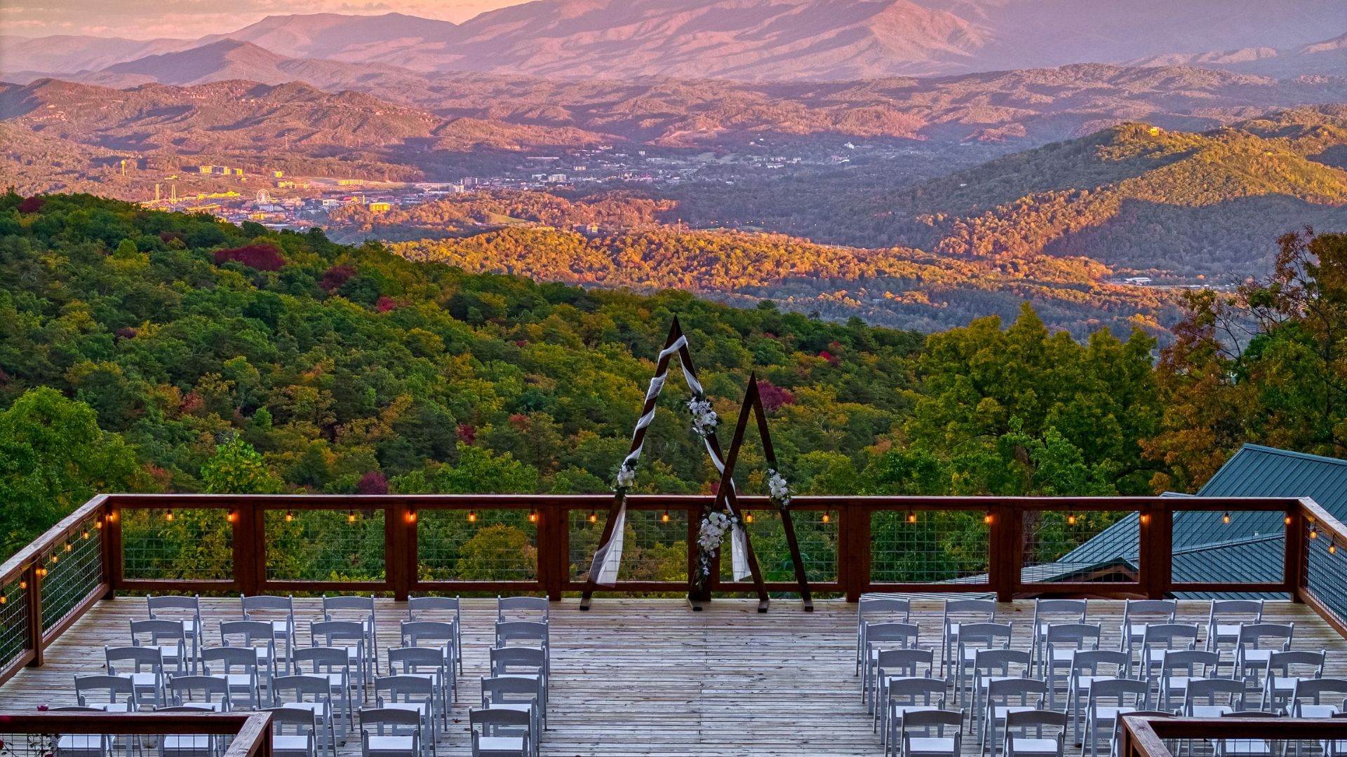 A 1,280-square-foot outdoor deck with panoramic views of the Smokies, ideal for ceremonies and receptions with up to 60 guests.