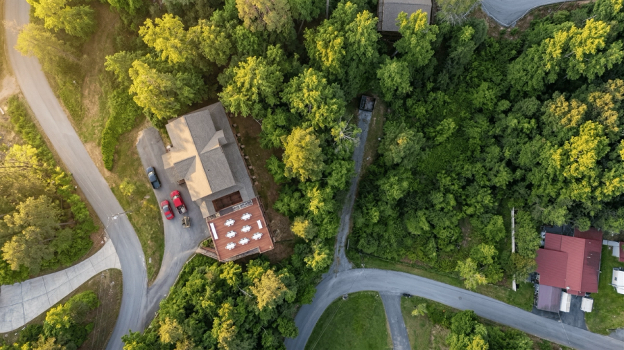 Overhead drone view of Elegant Elite Estate venue and landscape