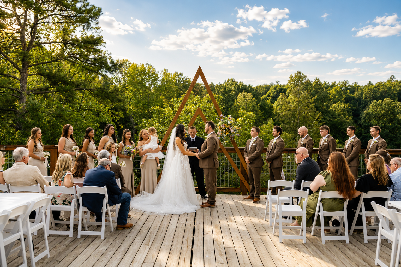 Bride and groom standing between their wedding party on either side.