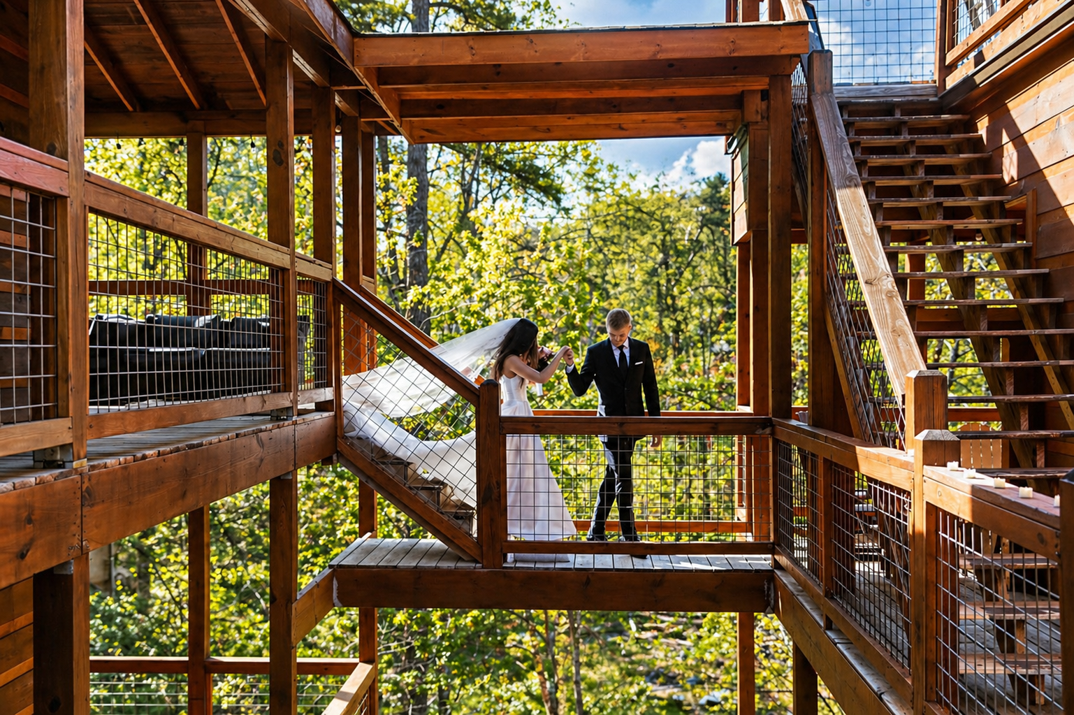 Couple walking through their cabin venue holding hands.