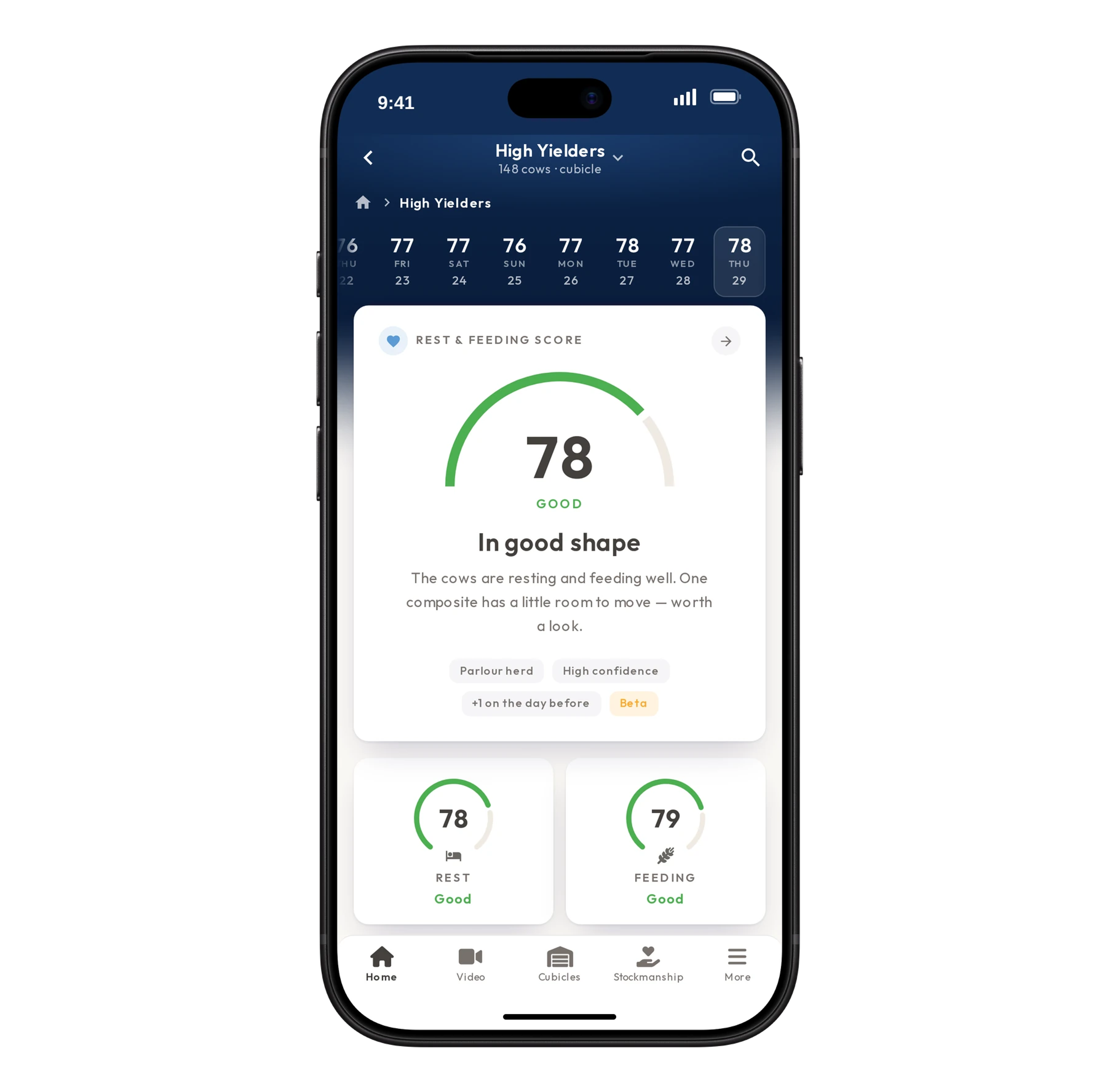 The High Yielders pen in the iPhone app, with a Rest & Feeding score of 78, the words "In good shape" and its Rest and Feeding scores underneath.