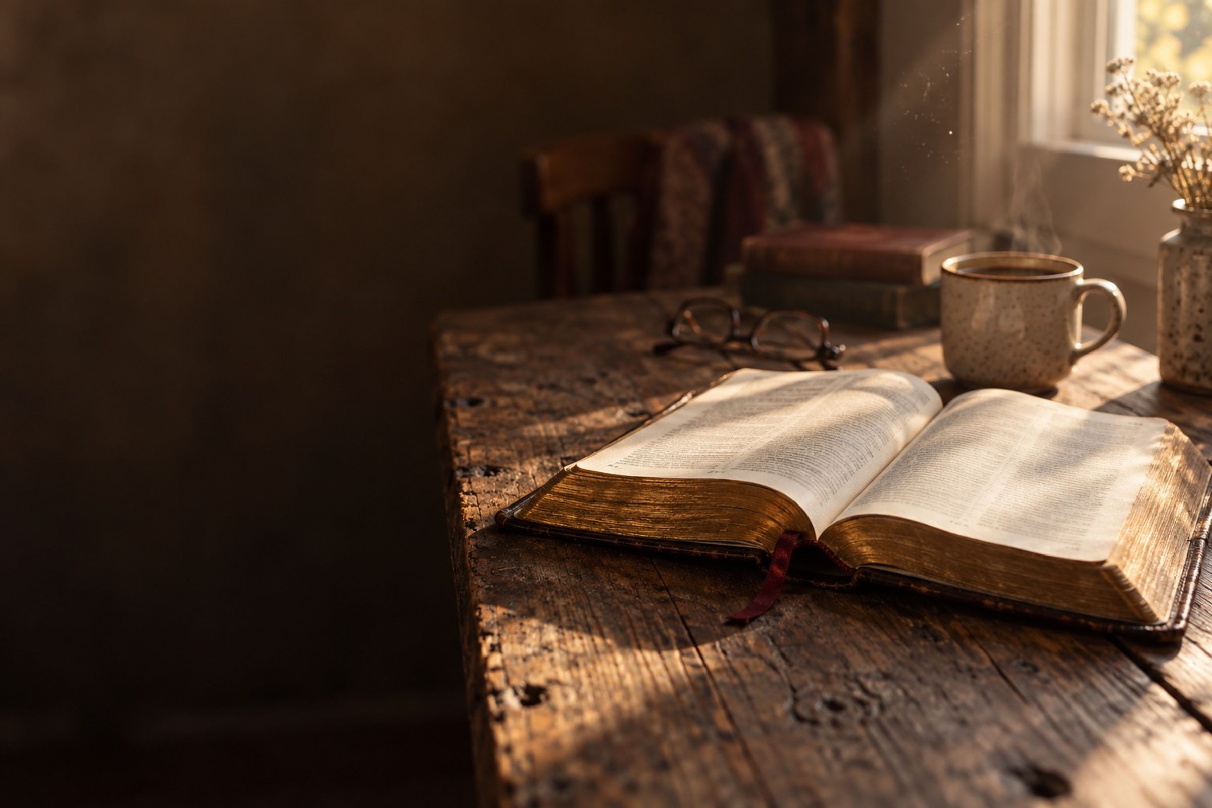 An open Bible on a wooden table in morning light
