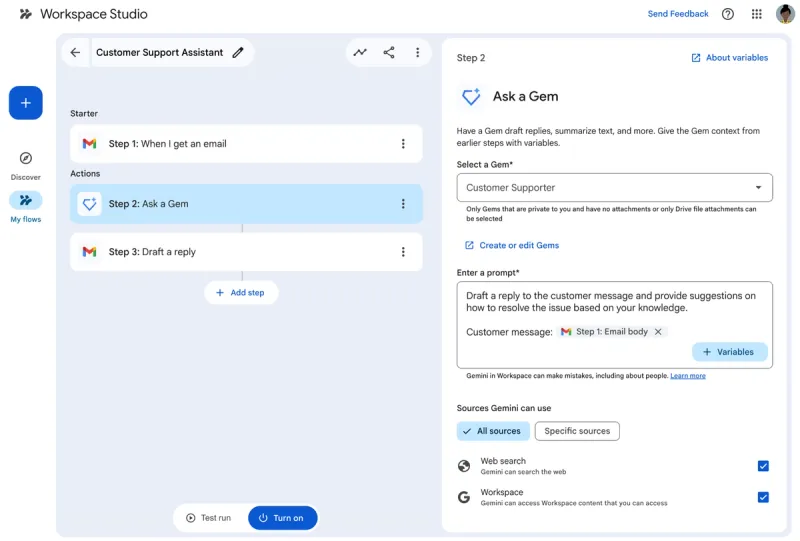 Use the Ask a Gem step to send prompts to Gems
