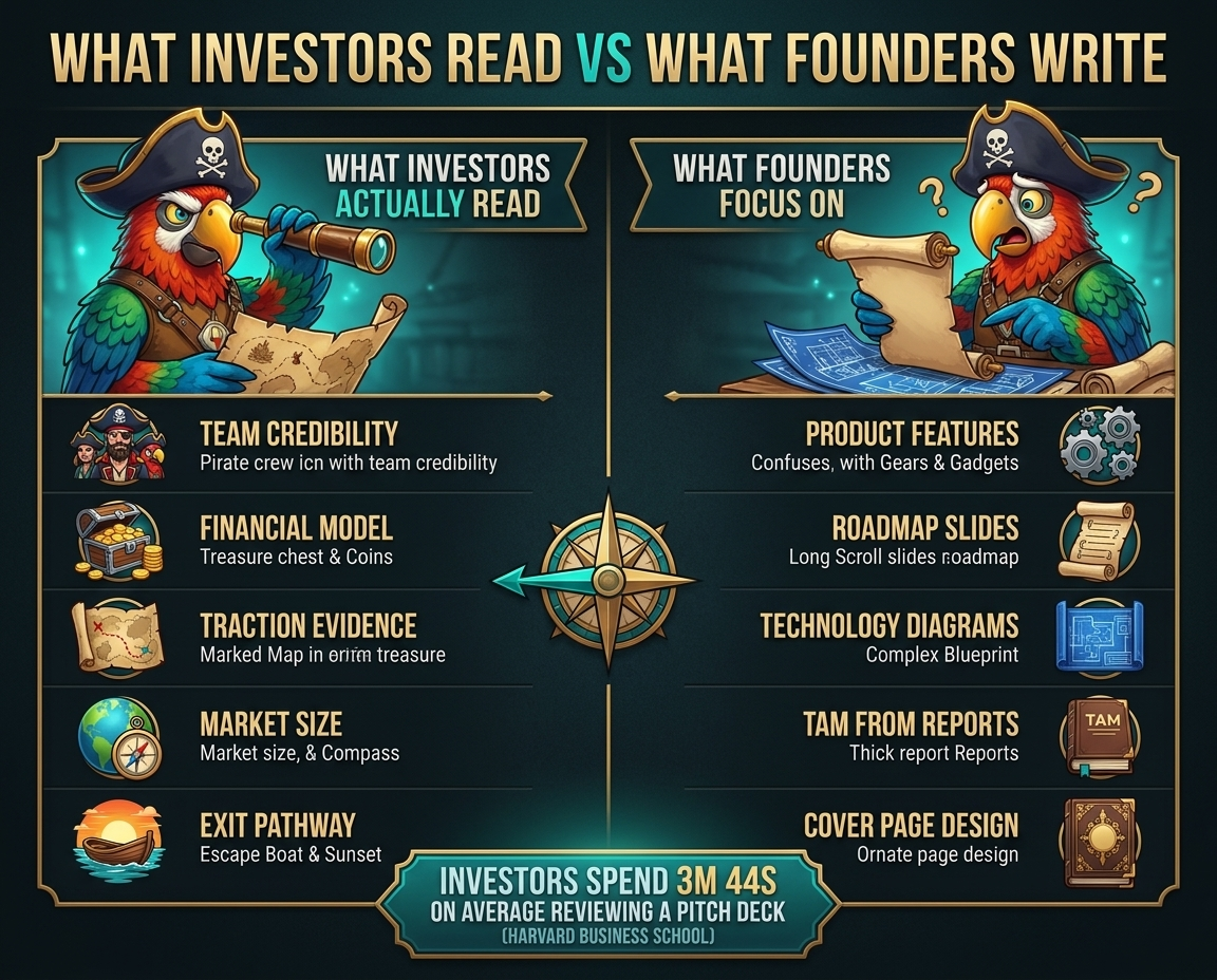 What investors actually read in a pitch deck vs what founders focus on — infographic by Scrub the Deck