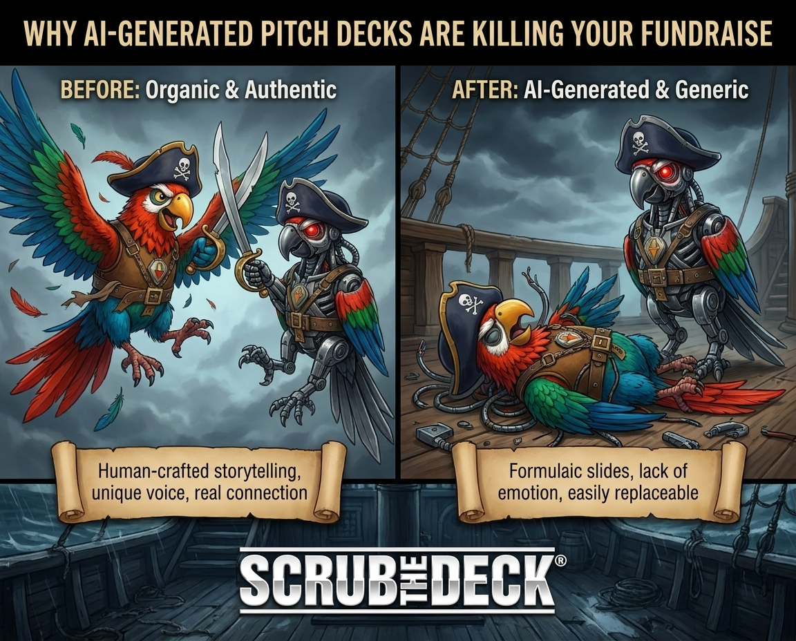 Why AI-generated pitch decks are killing your fundraise — before and after comparison by Scrub the Deck