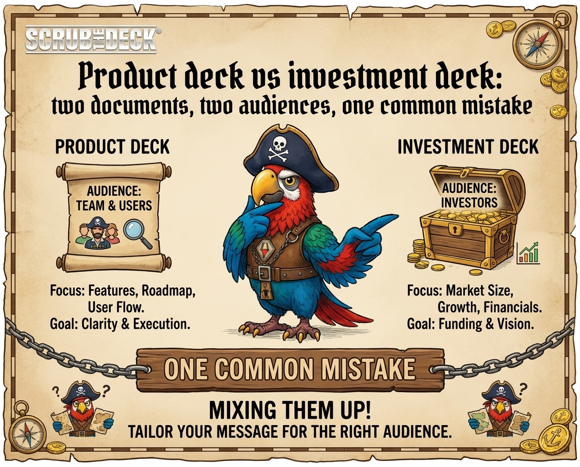 Product deck vs investment deck — two documents, two audiences, one common mistake, explained by Scrub the Deck