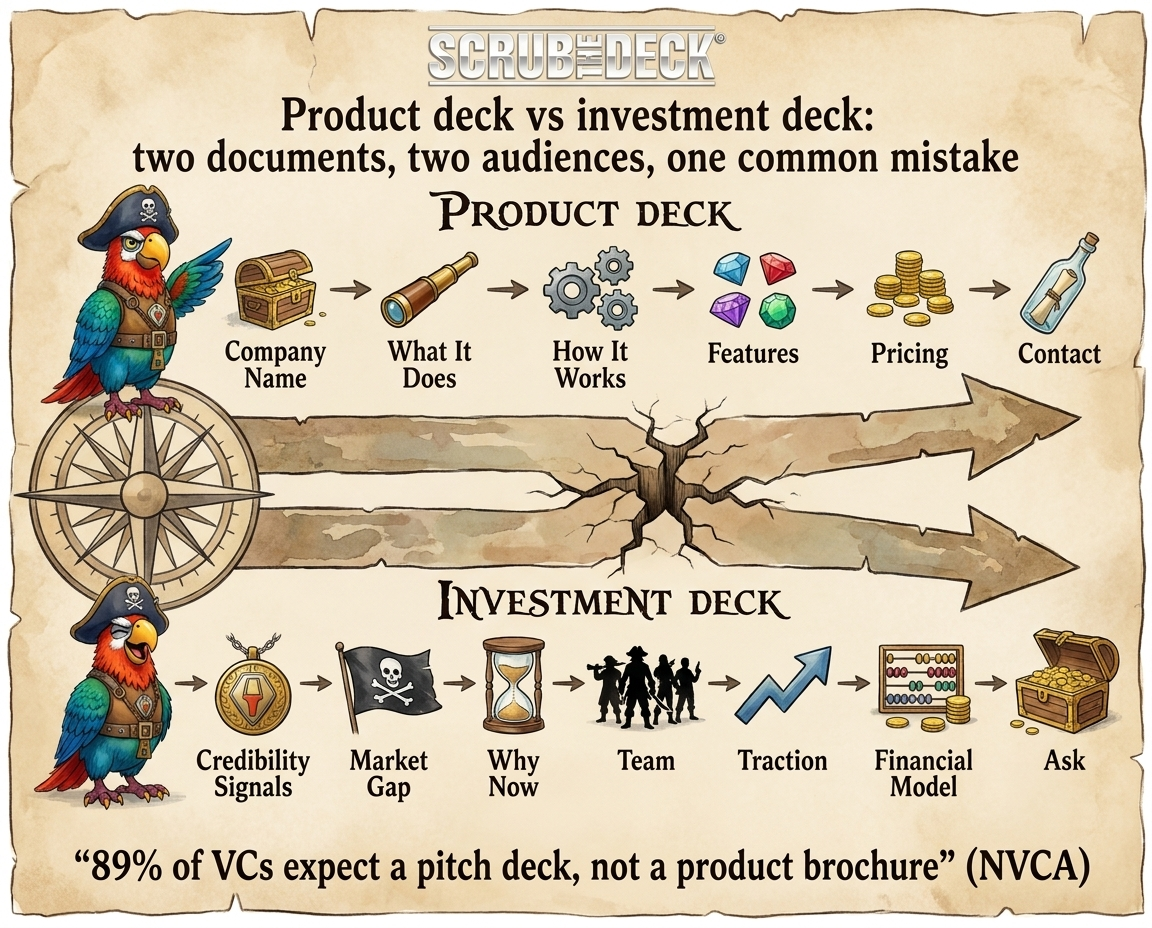 Investment deck structure vs product deck structure — full flow diagram by Scrub the Deck