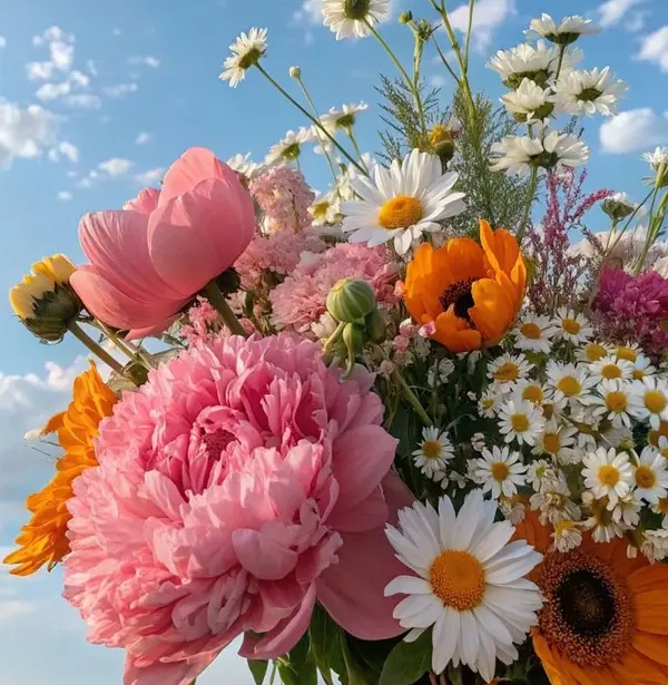 Peonies, daisies, wildflower bouquet