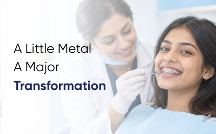 Teeth braces in Islamabad: young woman with metal braces smiling during a dental check-up