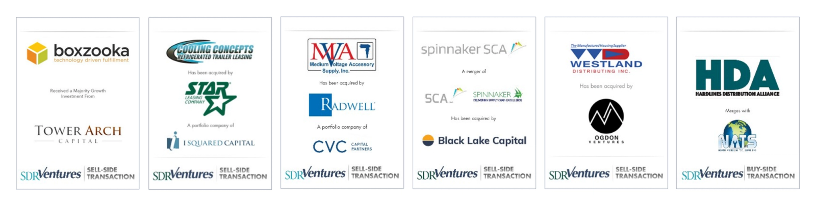Row of company logos representing selected completed transactions within the distribution and logistics industry.
