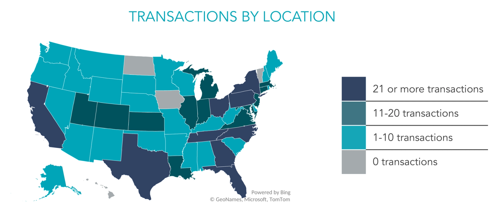 Picture of the United States showing the transactions by location