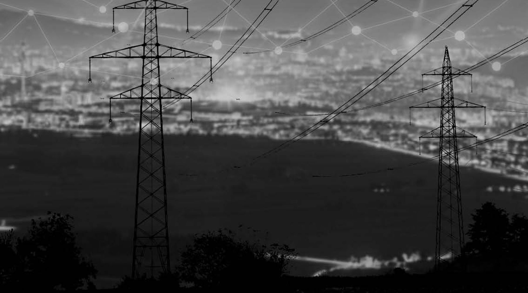 A black and white image of power lines with a imposed grid-like design above them