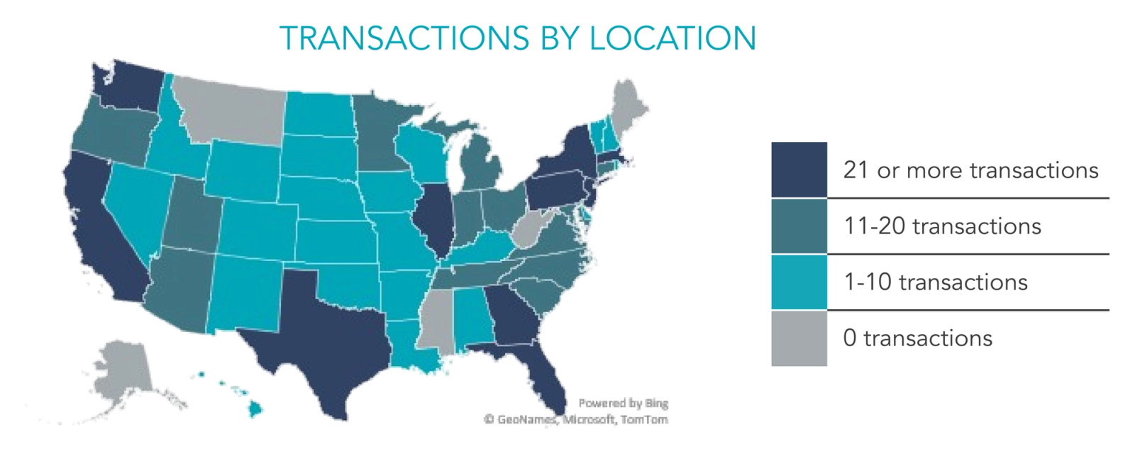 Picture of the United States showing the professional services transactions by location