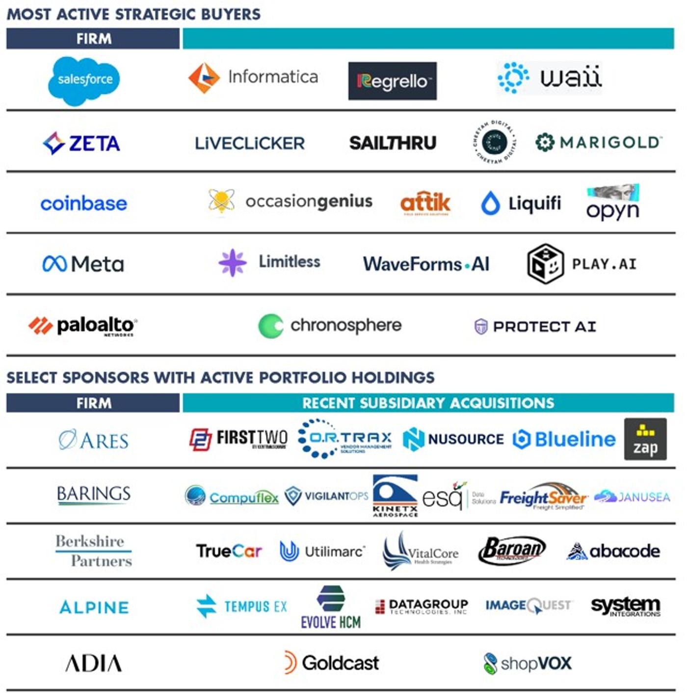 Grid of company logos representing the most active strategic buyers in the software and IT services sector, including firms across enterprise software, cybersecurity, data analytics, artificial intelligence, and managed IT services. Grid of logos showing private equity firms and sponsors with active portfolio holdings in software and IT services, alongside examples of recent subsidiary acquisitions.