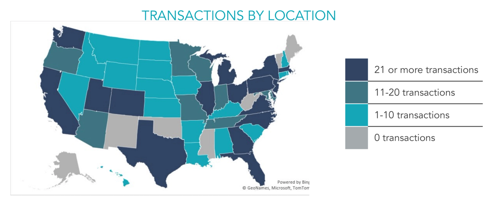 Picture of the United States showing the transactions by location
