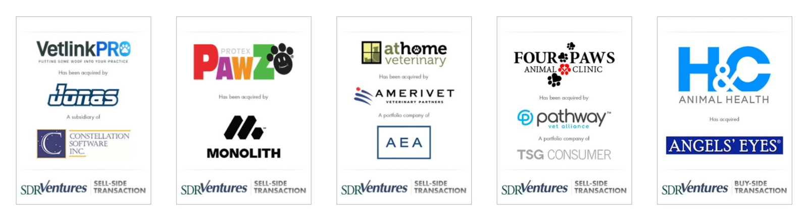 Row of company logos representing selected completed transactions within the pet industry.