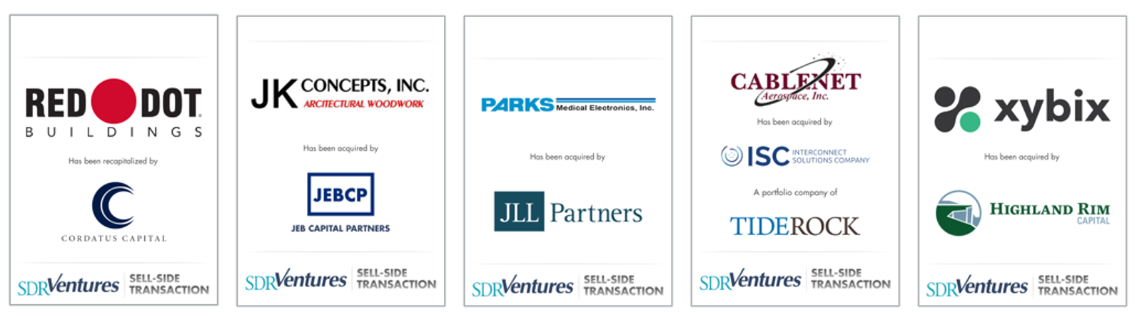 Row of company logos representing selected completed transactions within the manufacturing industry.