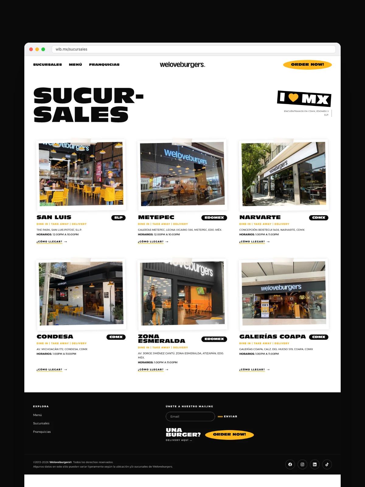 We Love Burgers — página de sucursales