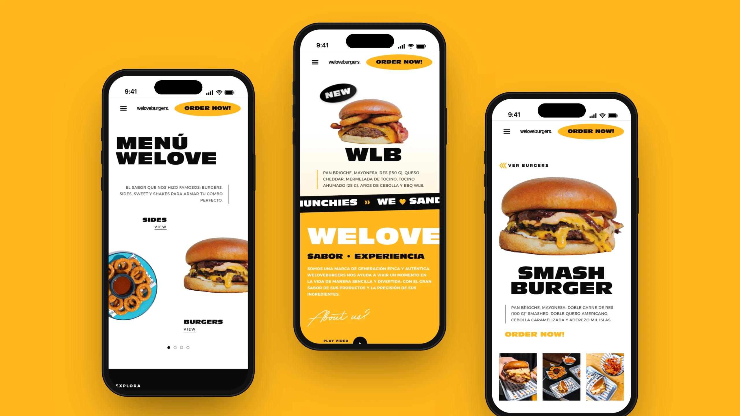 We Love Burgers — menú, home y producto en iPhone