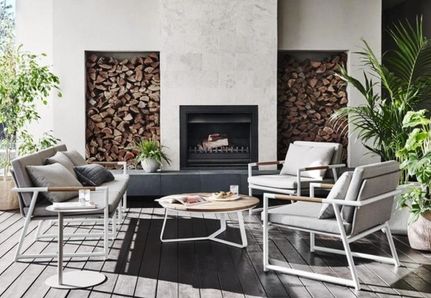 GlobeWest ‘Antigua’ outdoor furniture near fireplace Landscape design by Mint Design in Williamstown, Victoria 
