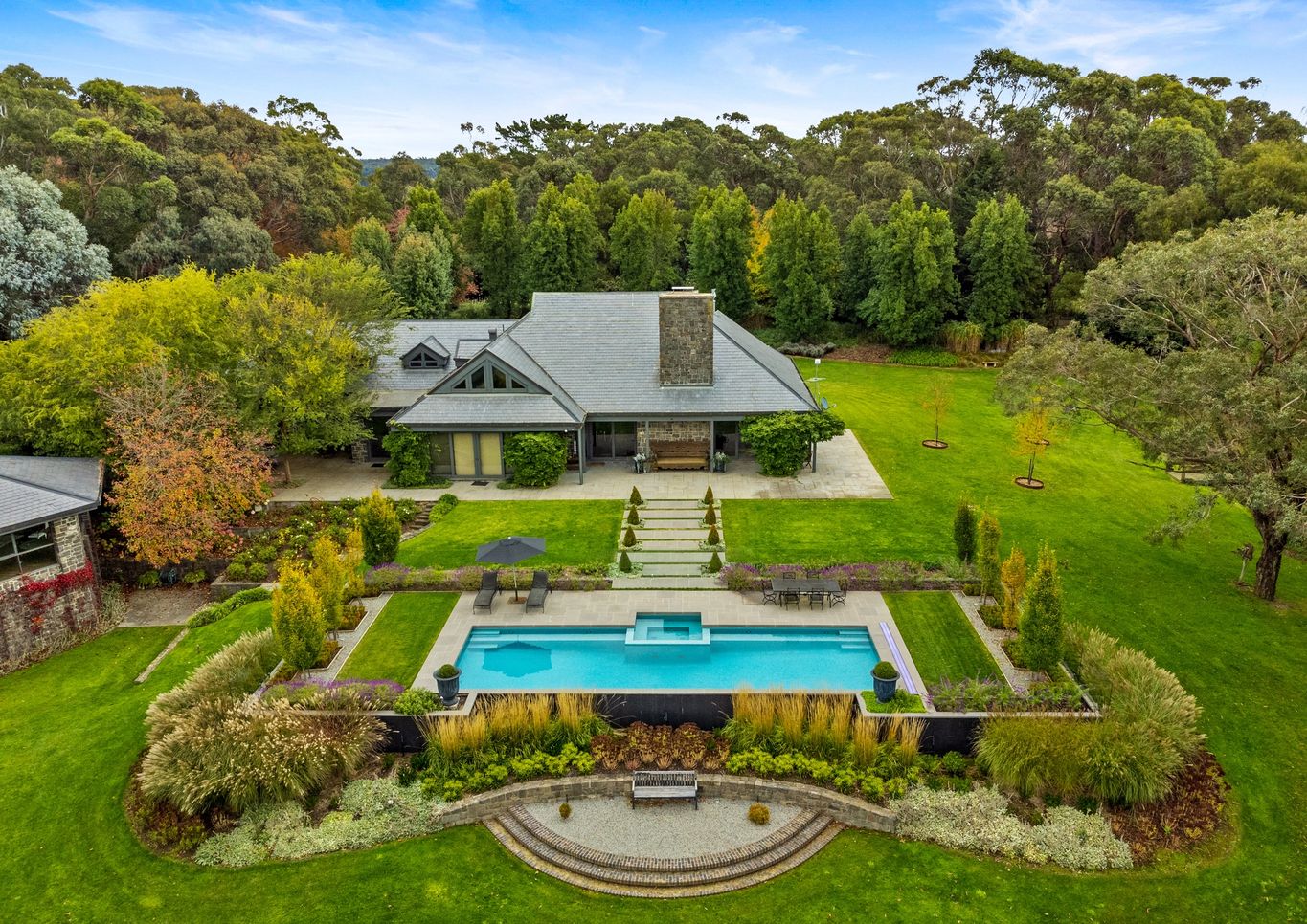 aerial image of pool and luxury landscaping at Macedon ranges project by Mint Design