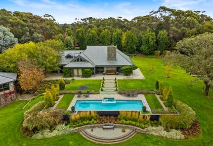 Aerial image of Macedon Ranges country estate with pool and autumn trees