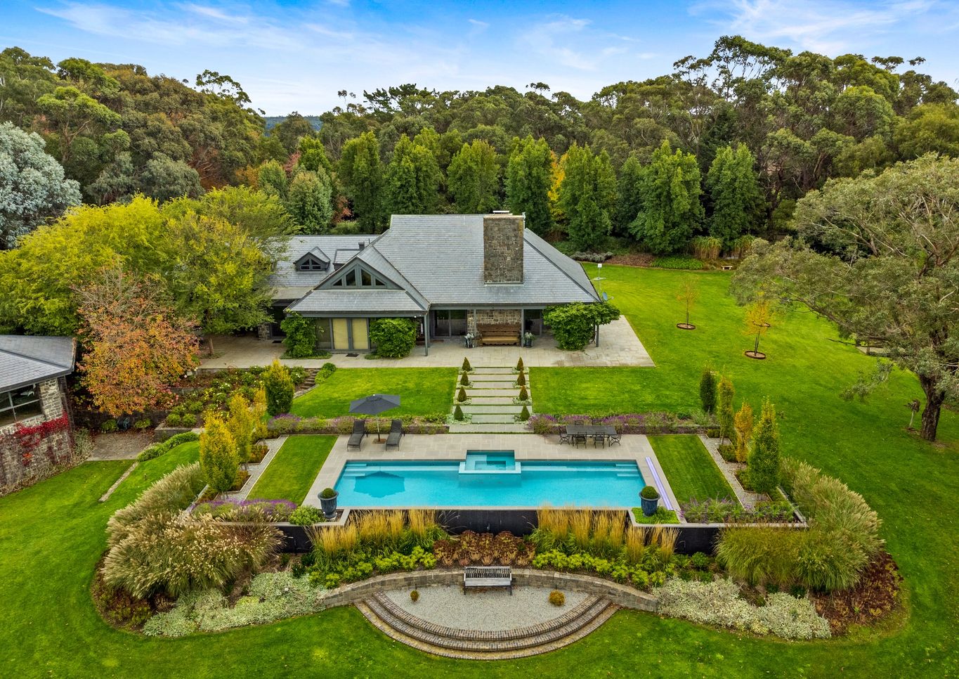 aerial image of pool and luxury landscaping at Macedon ranges project by Mint Design