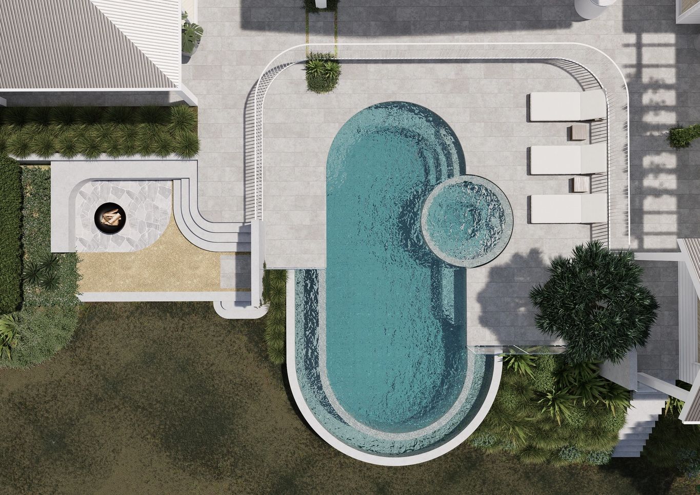 aerial view of modern pool and landscape design featuring a pill shape infinity edge pool and spa and firepit area