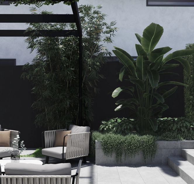 Seating area with lush plantings