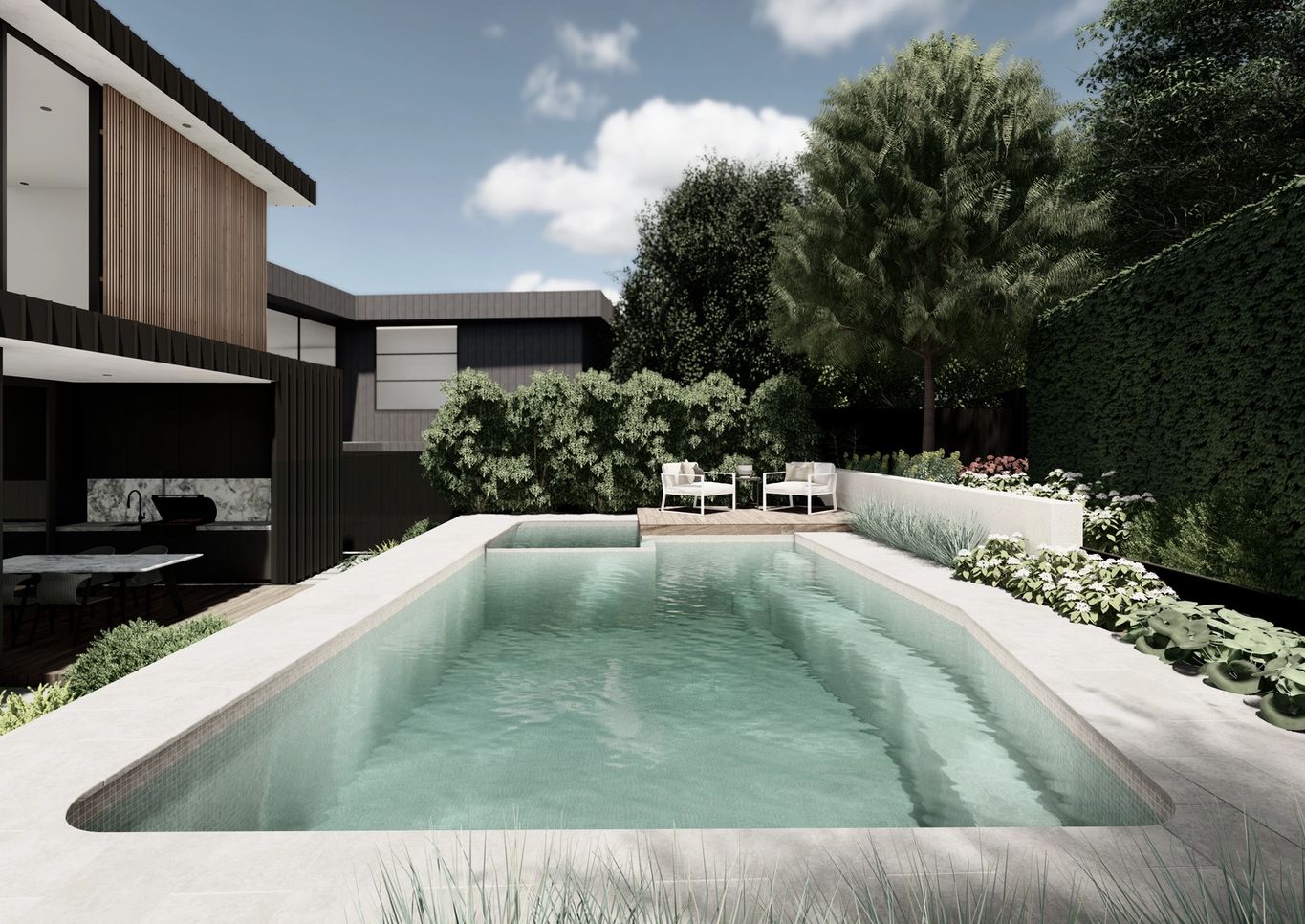 Raised pool and spa looking down to built in BBQ and outdoor kitchen for Camberwell landscape design project
