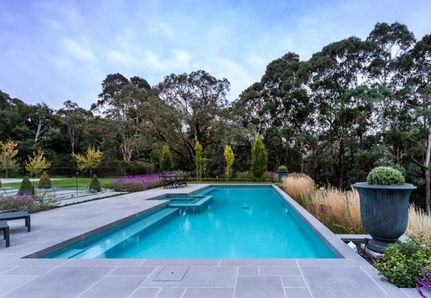 Poolside gardens and water in Macedon Ranges luxury country project by Mint Design