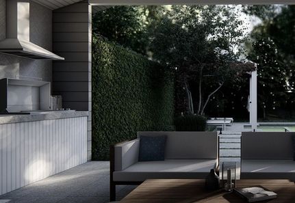 Hamptons pergola and outdoor dining area near pool Melbourne Landscape Design
