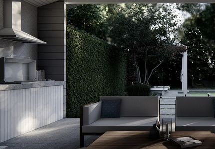 Hamptons pergola and outdoor dining area near pool Melbourne Landscape Design
