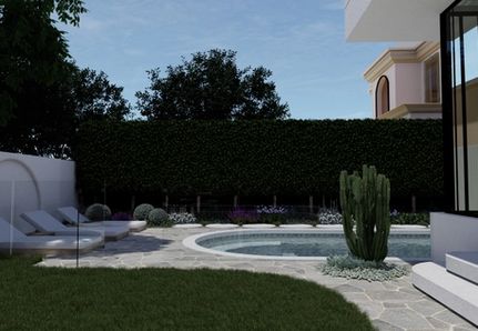 Curved pool design with luxury sun loungers in a resort-style garden with architecture by Sync Architects
