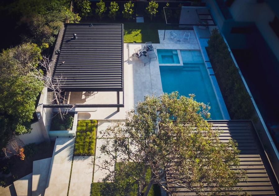 Pool and landscape aerial drone shot of Williamstown beachhouse project by Mint Design