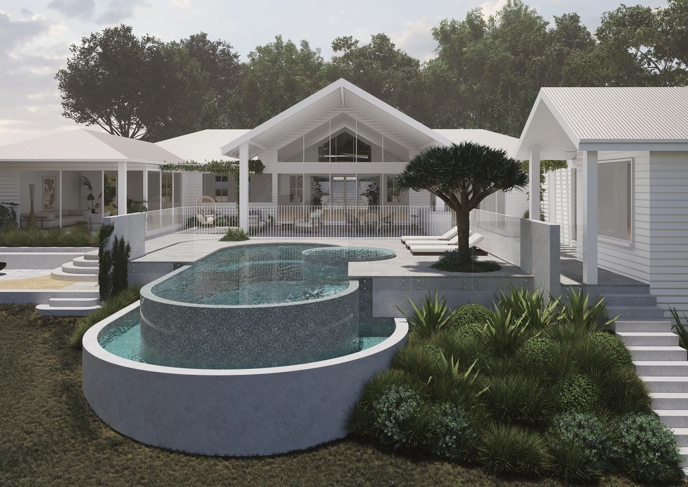 Infinity edge pill shape pool and spa design in front of modern white country home