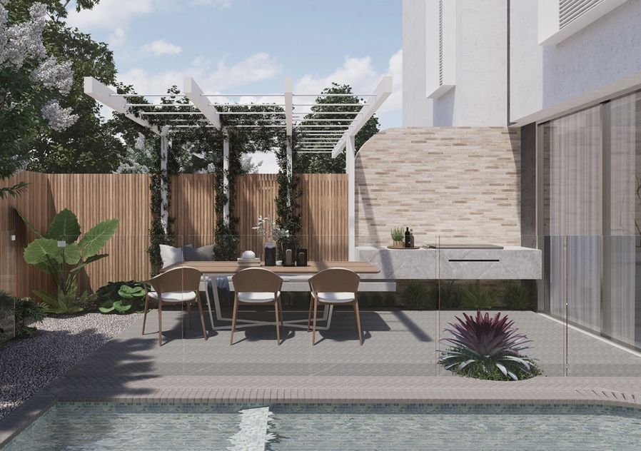 Compact garden design including pool and alfresco outdoor kitchen
