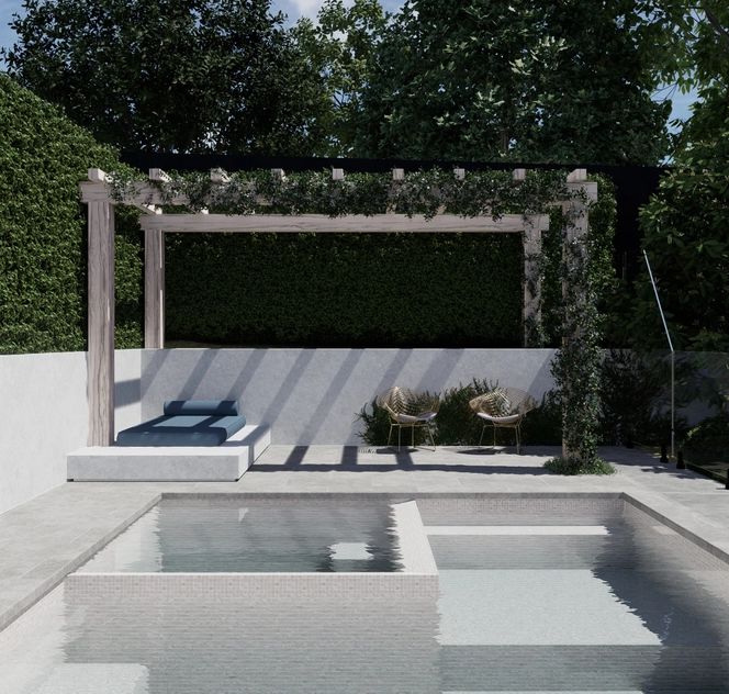 European style pergola and infinity pool with concrete staircase leading up to pool